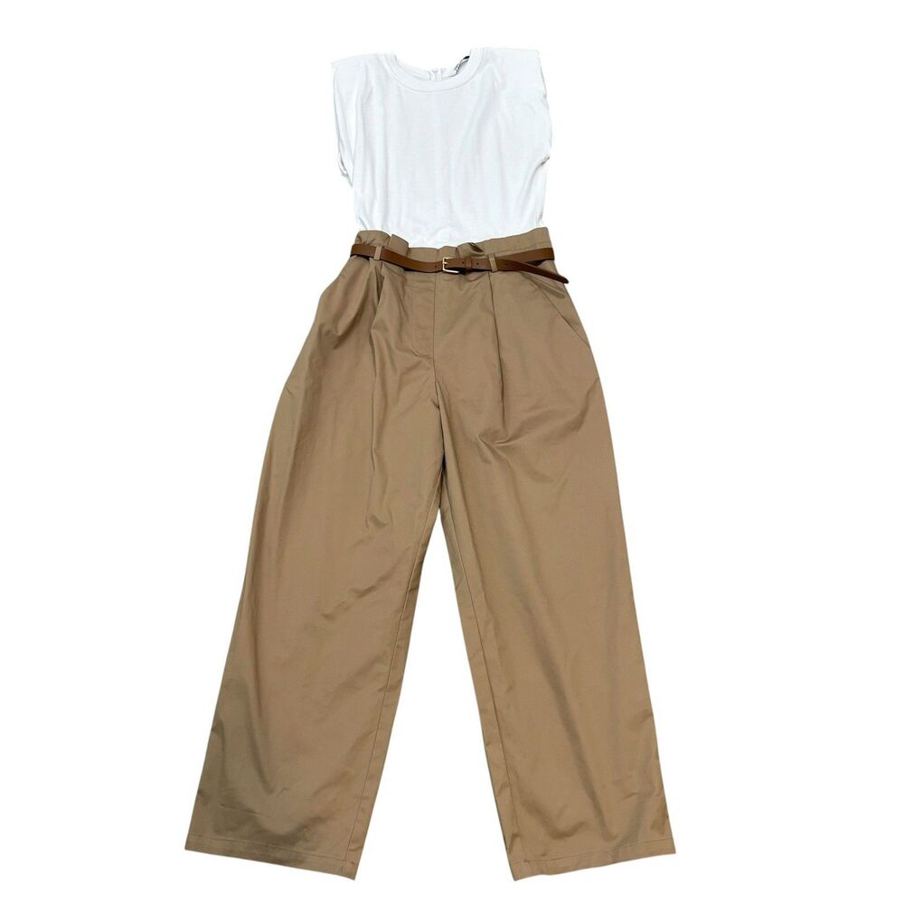 Zara Belted Tan White Jumpsuit Size S